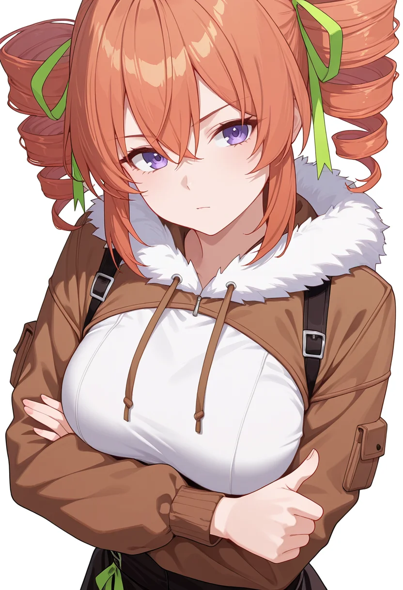 Smooth Quality,masterpiece,very intricate, high quality details, ultra realistic, high detailed skin,detailed enviorement,absurdres,
thumbs up,
<lora:Gertrude_Rainsworth_CNR_r2:0.8> gertrude_cnr, 1girl, orange hair, twin drills, purple eyes, hair between eyes, medium breasts,hair ribbon,, simple background, white background, sideways,
standing, arms crossed, head tilt, serious, balanced stance, confident, ,, . .,, fur-trimmed jacket, ,cropped hoodie, ,suspender skirt, ,
