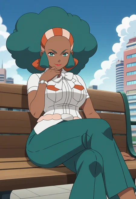 score_9, score_8_up, score_7_up, score_6_up, anime screencap, anime coloring, <lora:PMLenora_epoch_9:0.8>, PMLenora, dark skin, green eyes, eyelashes, green hair, big hair, afro, hairband, lipstick, large breasts,
white shirt, pocket, short sleeves, white bow, bowtie, green pants, belt,
sitting, looking at viewer, seductive smile, bench,  crossed legs, hand on own chin, 
BREAK, cityscape, blue sky, cloud,