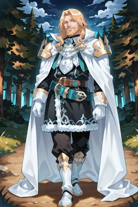 <lora:OrdeneIL:0.8> , ordedef, 1boy, blue eyes, blonde hair, long hair, facial hair, mustache, beard, white cape, collared cape, armor, pauldrons, white gloves, fur-trimmed skirt, black skirt, black pants, belt, white boots, white greaves, full body, exterior, forest, night, clouds, smile, old man, wrinkles, looking at viewer, solo, masterpiece, very aesthetic, absurdres, best quality, amazing quality, high resolution, newest, very awa, <lora:illustrious_quality_modifiers_masterpieces_v1:0.8> , <lora:ChamIllustriousBackgroundEnhancer:0.5>,  solo,