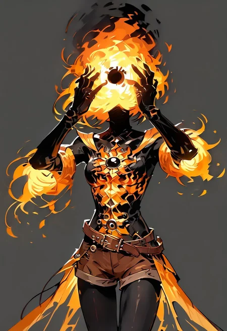 score_9, score_8_up, score_7_up,
lord_of_frenzy, fire head,
novakin, faceless, no eyes, no mouth, no nose, no facial features, short fiery yellow orange hair, body made of black plasma,
open hands, hands on face front,
hands on own head,
Madness,
magical girl outfit, steampunk dress, boots, (brown shorts:1.1), black tights, medium breasts, belt,
simple background, grey background,