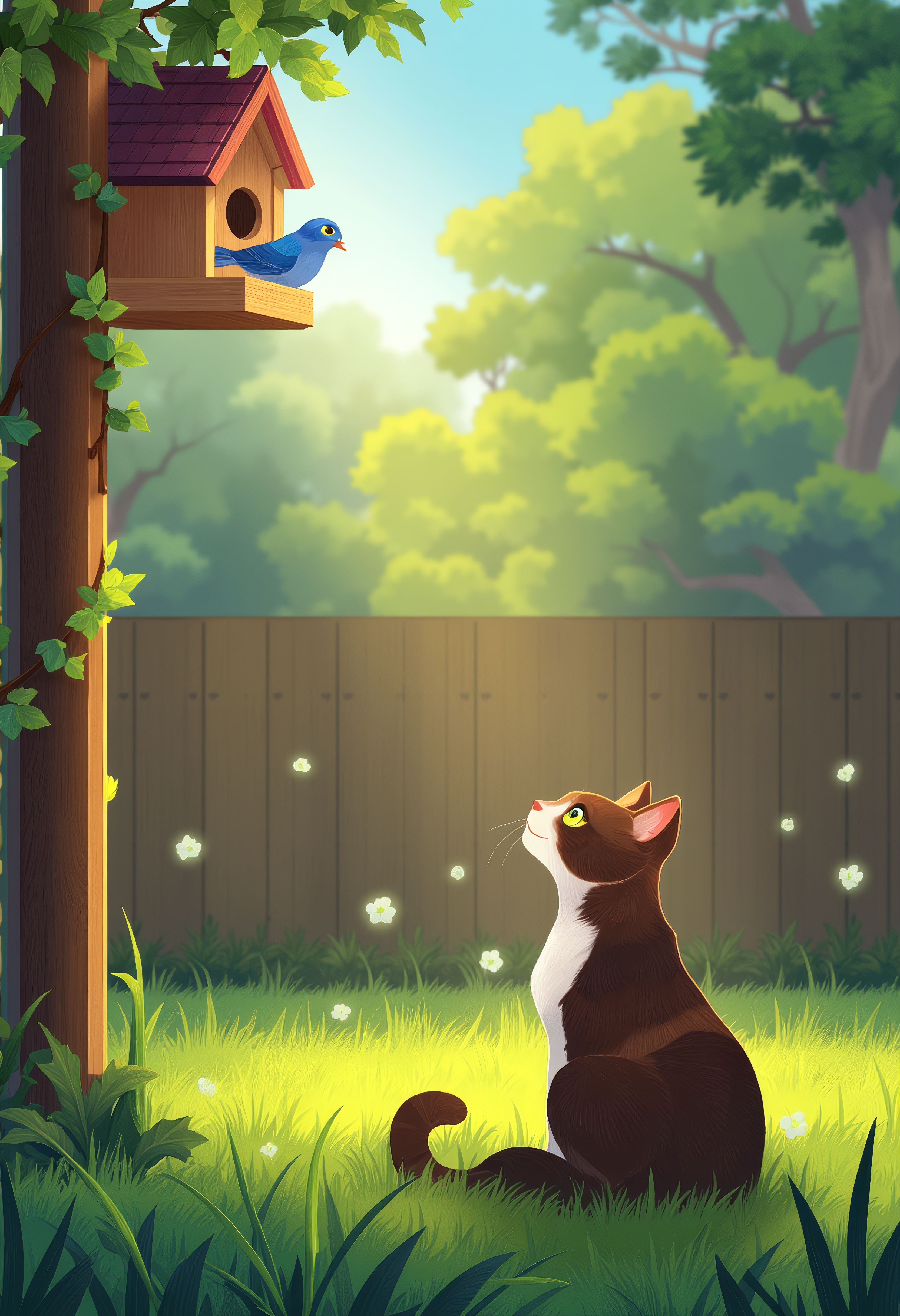 2d,  afkArenaStyle style, A cat sitting on the backyard grass looking up watching a bluebird feed from the bird house, vibrant glow, extreme details