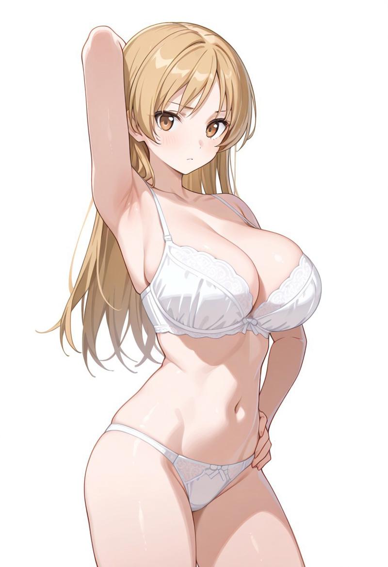 masterpiece, best quality, 1girl, cute, Riko, blonde hair, brown eyes, large breast, wearing white bra, cute white panties, one hand on hip, one hand behind head, showing off armpit, focus on armpit,
white background, empty void, (cowboy shot: 1.5), looking at viewer,