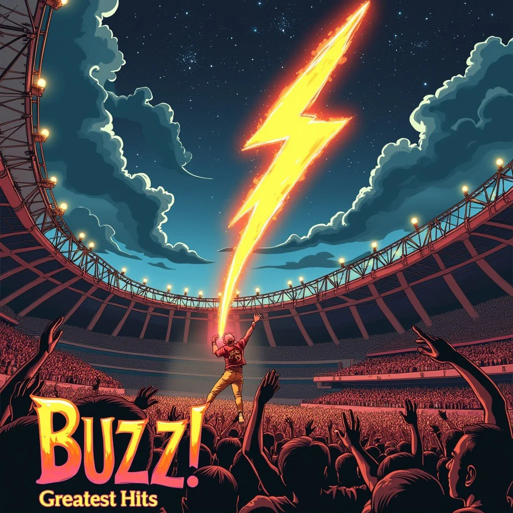 Album cover.  A illustration, low angle shot of a punk rock band in a concert at a stadium at night.  A big shiny lightning bolt logo falling from the sky into the stage.  In the lower side of the picture the words: "BUZZ!", and "Greatest Hits".