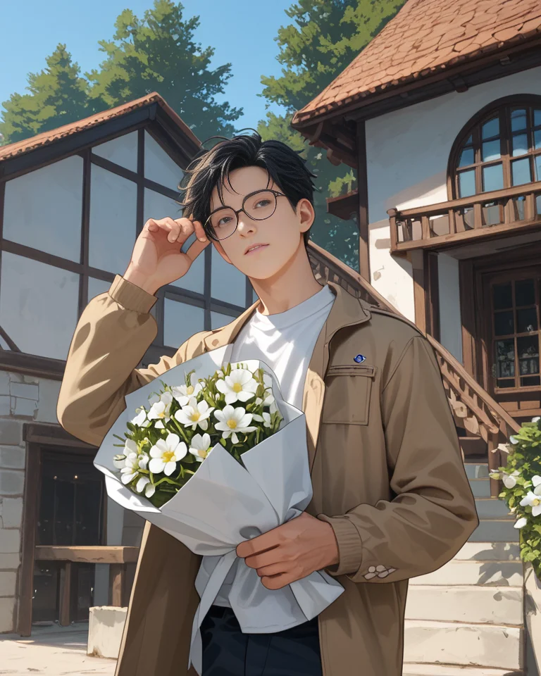1boy,solo,male focus,score_9,score_8_up,score_7_up, Korean, The image features a young adult male standing in front of a bright blue sky, seemingly on a sunny day. The man is dressed in a casual yet stylish ensemble including a beige bomber jacket, a white shirt with a collar, and coordinating light-colored trousers. He is wearing dark, round-framed glasses and has short, styled black hair.
The man's pose suggests he is in a relaxed mood, with one hand casually placed on his forehead, while the other holds a small bouquet of white flowers. His expression is friendly and approachable.
The background is minimalistic and complements the subject well, with a simple, white-painted structure that seems to be part of a residential area, possibly a house or a small covered entrance. The skies are cleared of clouds, suggesting good weather, which adds a pleasant and airy feel to the image.
<lora:Expressive_H:1>