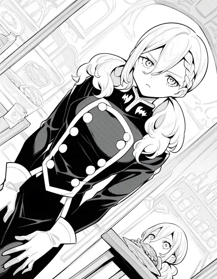 score_9, score_8_up, score_7_up, source_anime, <lora:varvara-pilipenko-manga-ponyxl-lora-nochekaiser:1>, varvara pilipenko, greyscale, monochrome, long hair, hair between eyes, braid, twintails,, gloves, uniform, military, military uniform, restaurant, tables, food, waiters, guests, , hands on own knees, looking at viewer, solo,, dutch angle, cowboy shot