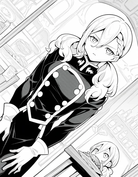 score_9, score_8_up, score_7_up, source_anime, <lora:varvara-pilipenko-manga-ponyxl-lora-nochekaiser:1>, varvara pilipenko, greyscale, monochrome, long hair, hair between eyes, braid, twintails,, gloves, uniform, military, military uniform, restaurant, tables, food, waiters, guests, , hands on own knees, looking at viewer, solo,, dutch angle, cowboy shot