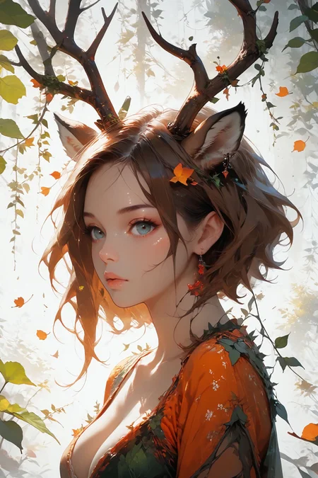 looking at viewer,detailed background,Cinematic Lighting,film grain,score_9,score_8_up,score_7_up,masterpiece,best quality,highly detailed,
<lora:(增强)sdxl_lightning_8step_lora:1>,<lora:glowneon_xl_v1:1>,glowing,<lora:hand 4:1>,hand person,<lora:Expressive_H:0.8>,Expressiveh,<lora:Concept Art Twilight Style SDXL_LoRA_Pony Diffusion V6 XL:0.6>,<lora:th3rm4lXLP:0.4>,th3rm4l,colorful,<lora:4ntl3rsXLP:0.8>,4ntl3rs,antlers,
1girl,animal ears,big breasts,deer ears,earrings,no humans,palmate,solo,upper body,white background,pelt,antlers mix branch,vines,hair vines,leaf,falling leaves,