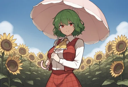 best quality, hires,
kazami yuuka, looking at viewer, smile, umbrella, holding, holding umbrella, flower field, sunflower,
blue sky, outdoors,