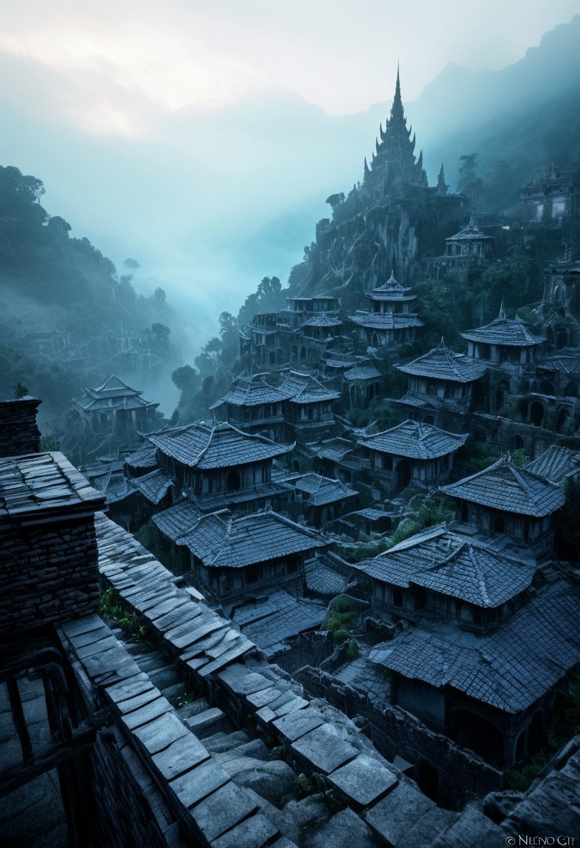 Twilight, ashen lighting, omnipresent thick fog. Barely penetrating sunlight of the morning sun. Abandoned ancient elven city, drowning in fog and oblivion. Half-ruined terraces and passages between houses. Tiled roofs collapsed into the houses and crumbling towers. A feeling of oppression and fear. View from groond to up and ahead, style by Silent Hill, meticulous, intricate, entangled, intricately detailed