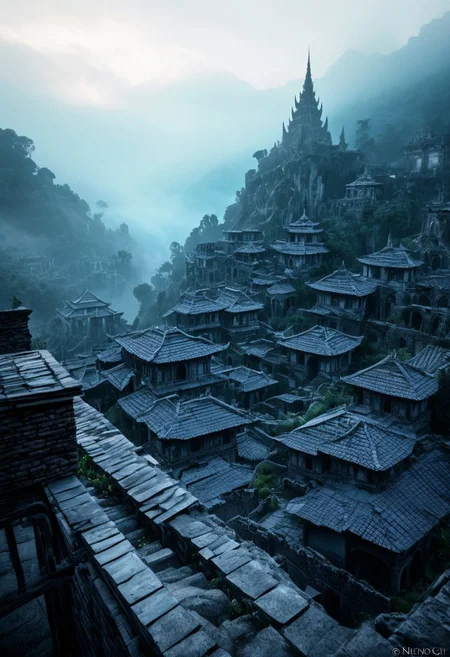 Twilight, ashen lighting, omnipresent thick fog. Barely penetrating sunlight of the morning sun. Abandoned ancient elven city, drowning in fog and oblivion. Half-ruined terraces and passages between houses. Tiled roofs collapsed into the houses and crumbling towers. A feeling of oppression and fear. View from groond to up and ahead, style by Silent Hill, meticulous, intricate, entangled, intricately detailed