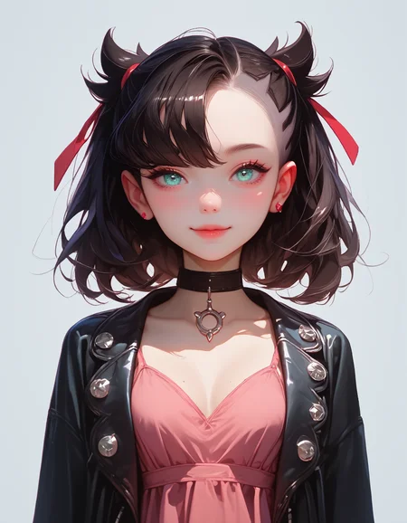 zPDXLxxx, Expressiveh,
Marnie_(Pokemon), aqua eyes, black choker, red ribbon, pink dress, jewelry, black jacket, open clothes, long sleeves, black hair,
small breasts, natural sagging breasts,
score_9, score_8_up, score_7_up,score_6_up,
highres, high quality, perfection, masterpiece, detailed, source_anime, simple white background, 1girl, solo, front view portrait, face focus, intricate features, beautiful, girl, young adult, youthful, petite body, detailed face, beautiful face, innocent face, eyelashes, perfect eyes, detailed eyes, medium breasts, clothed, standing, smiling, looking at viewer,