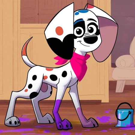 score_9, score_8_up, score_8, score_7, source_cartoon, Da_vinci, Solo, 1girl, feral, dog, dalmatian, white and black fur, black spots, colored spots, colored paws, colored tail, thin tail, large ears, black eyes, black nose, red bandana, full body, looking at viewer, standing, paint bucket, paint on floor, smile, living room background,
