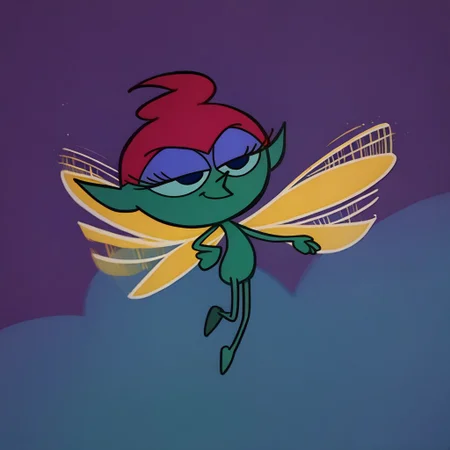 score_9, score_8_up, score_7_up BREAK PixieDLab, 1girl, magenta hair, dark blue eyes, green skin, green body, purple eyeshadow, yellow wings, floating happily,