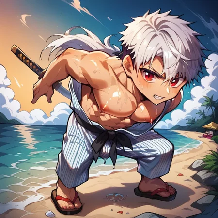 score_9, score_8_up, score_7_up, score_6_up, masterpiece, uncensored, best quality, amazing quality, best aesthetic, absurdres, intricate details, source_anime, yaoi, gay, full body BREAK 1boy, 18 years old, white hair, long hair, bangs, red eyes, pecs, nipples, sweat, wet, yukata, sandal, revealing clothes BREAK dynamic pose, determined, looking at viewer, holding, katana BREAK outdoors, beach, seaside village, fishing boat, ch3b3sq4at