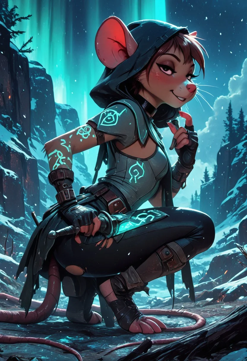 highres, very detailed, amazing quality, masterpiece,
very aesthetic,
particle effect, RBL-Illu,
1girl, Olivia_F, furry female, body fur, brown fur, animal nose, short hair, brown hair, female, mouse, brown fur, mouse face, whiskers, mouse ears, mouse hands, mouse feet, long mouse tail, Covered in Tattoos, runic glowing tattoos, neck tattoos, runic armor, slightly glowing runes on armor, tight pants, ripped pants, holes ripped in pants, hooded, small breasts, side boob, choker, fingerless gloves, blade, sword, sword sheathed, sheathed on hip, ancient ruins, squatting down, brushing off a rune on the floor,
Viking theme, Nordic theme, nordic runes,
looking at viewer, tough pose,
seducing, seductive, flirty, tender, loving, playful, cocky smirk, cocky,
on a mountain, snowing, Cloudy Sky, at night, nighttime, aurora in the sky,