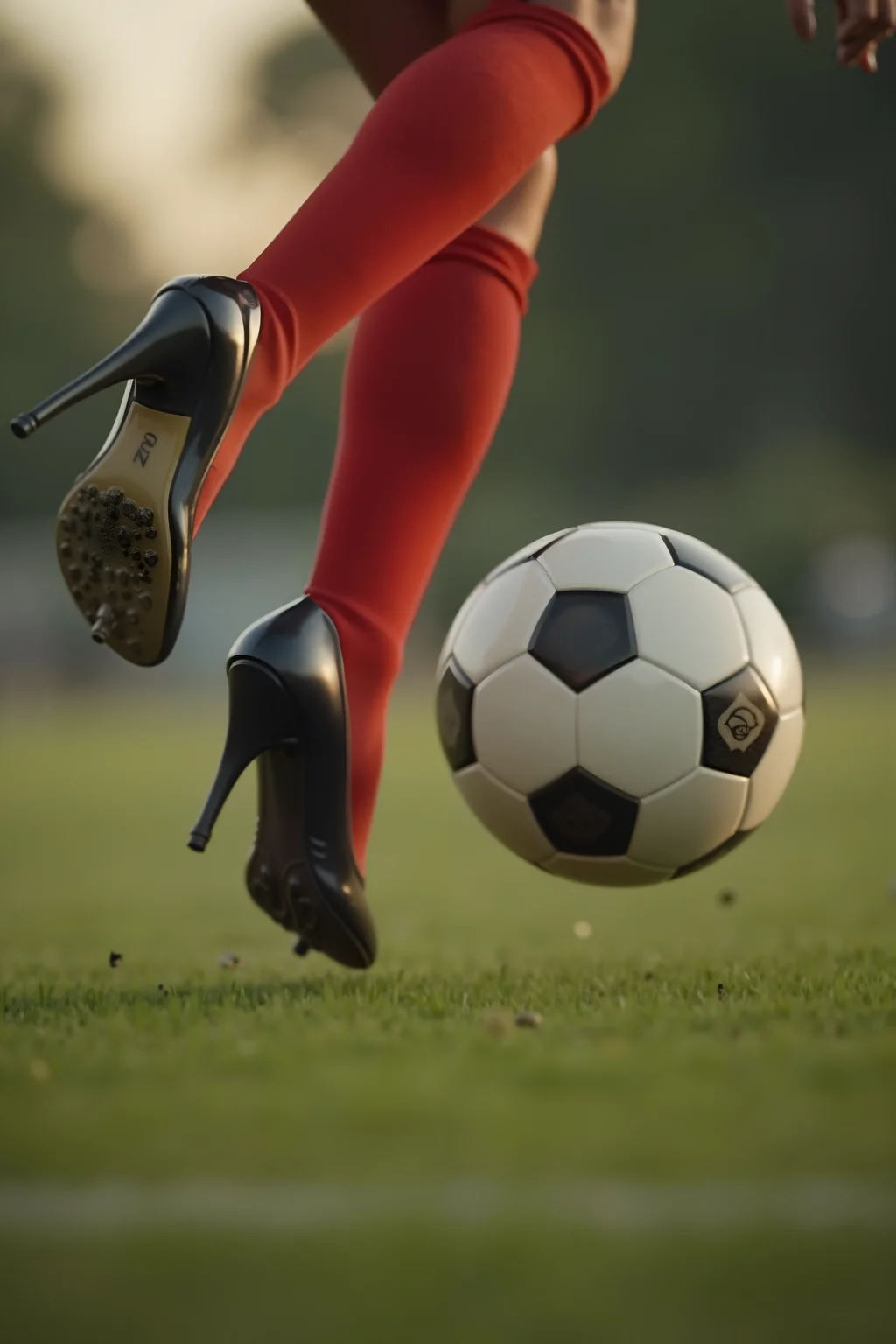 movie still,a close up of a foot in high heels is kicking a soccer ball