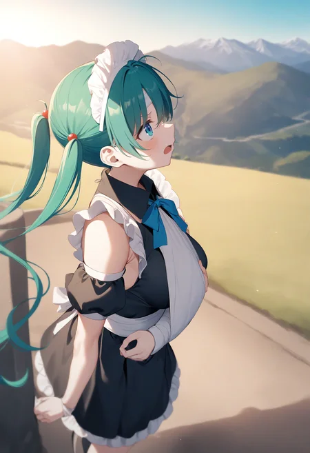 1girl,sincos, ningen mame, toosaka asagi,solo,large breasts, maid, maid headdress, detached sleeves, miniskirt, 20yo,
arm sling,<lora:armsling_XL_v1:0.8>bandaged head ,
from side, wide shot, looking up, green hair, blue eyes,guilt, mountains, open mouth, quad tails hair,,
best quality, very aesthetic, absurdres