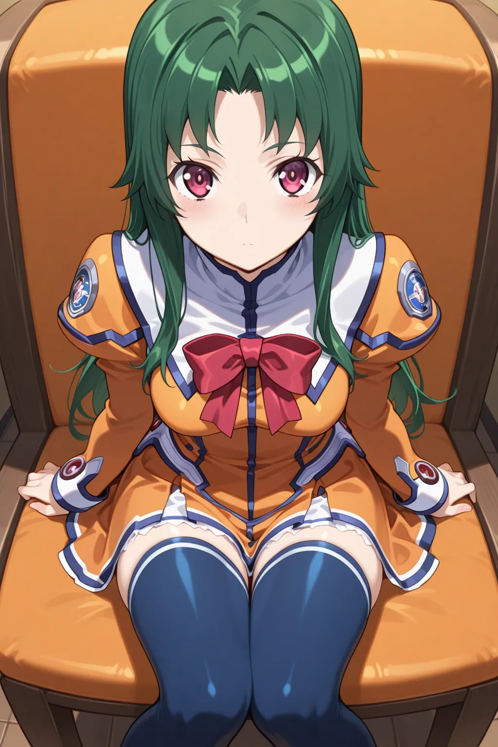 masterpiece, best quality, stellvia_kayama_akira_ilxl, 1girl, solo  <lora:stellvia_kayama_akira_ilxl:0.9>, orange shirt, orange skirt, zettai ryoiki, Navy blue tights, green hair, sitting, indoor, upper body, looking at viewer, pov