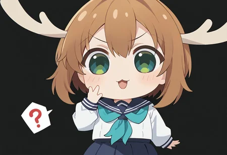 score_9, score_8_up, score_7_up, masterpiece, best quality, blurry background, detailed, perfect, perfection,
BREAK
nokotan, blue eyes, green eyes, two-tone eyes, brown hair, short hair, deer antlers, :3,
BREAK
school uniform, white shirt, long sleeves, blue serafuku, aqua neckerchief, blue skirt, white socks, brown shoes, small chest,
BREAK
chibi, hand to mouth, question mark, simple background, black background