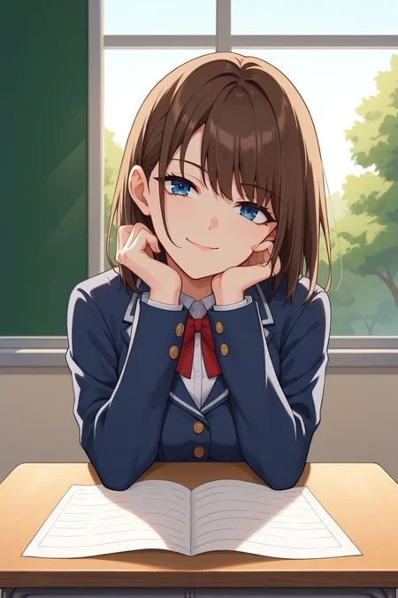 score_9, score_8_up, score_7_up, source_anime, 1girl, prefect lighting, very aesthetic, intricate details, highly detailed background, masterpiece, high quality, prefect hands, best quality, solo,
<lora:Rurikawa_Tsubaki_Maid_Kyouiku_V1:.85>, KJOrurikawa, brown hair, blue eyes, medium hair,
White school uniform, blue pleated skirt, kneehighs, long sleeves,
sitting, at desk, head rest, smug, head tilt, pov across table,
School, classroom, window, sunny, tree,
(Beautiful, medium Breasts:1.2), natural breasts,