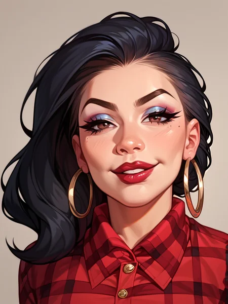 score_9, score_8_up, score_7_up, rating_questionable, zPDXL, 2d source_cartoon, (adult:1.2), facing the viewer, smug, horny, solo 1girl
<lora:Expressive_H:1>
<lora:Chicana:.75> chicana, black hair, hoop earrings, makeup, pompador, lipstick, lip liner, flannel shirt, bandana, dark skinned femaleâââ