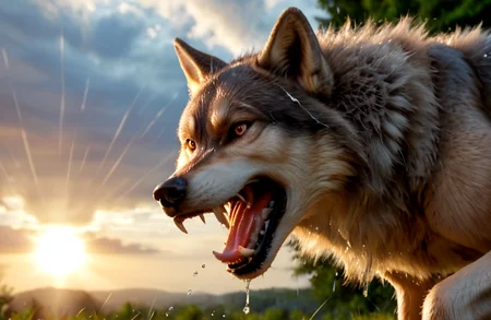 ultra realism, ultra high quality and sharpness in the focus of objects, 4K, 8K, HDR, realistic image with high quality, excellent resolution, clear, detailed and well-focused images, detailed and correct anatomy depicting ((wolf ) ) in the forest, aggressive and menacing expression, snarling, his teeth visible, attacking pose, image dynamics, lighting golden hour, sun rays breaking through the clouds, dusk, rainy and muddy weather, fur wet, drops of water running from his body and head