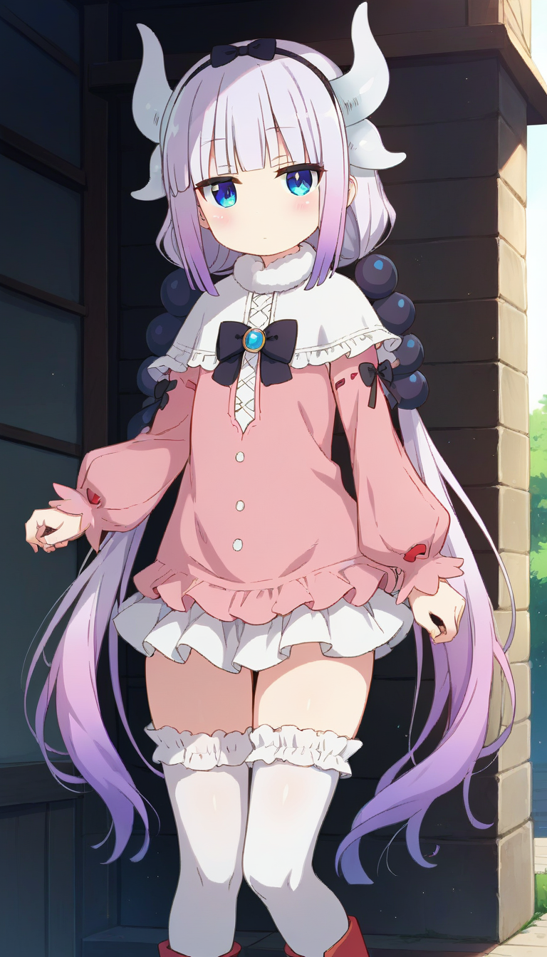 score_9,score_8_up,score_7_up,score_6_up BREAK official art,solo,outdoors,cowboy shot,looking at viewer,facing viewer,blush,expressionless,deadpan,jitome,female child,Kanna Kamui,dragon horns,white horns,very long hair,white hair,gradient hair,light purple hair,low twintails,hair beads,hair ornament,black hairband,hair bow,black bow,blunt bangs,blue eyes,frilled capelet,white capelet,microdress,pink dress,long sleeves,puffy sleeves,flat chest,white skirt,thighs,tail,zettai ryouiki,frilled thighhighs,white thighhighs,red footwear,<lora:Kanna Kamui(mkdm)-Pony:1.4>,