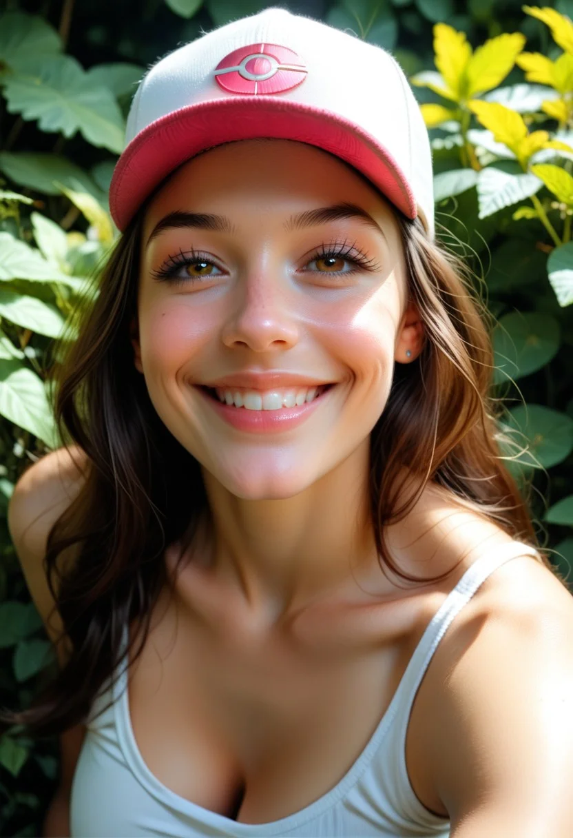 score_7_up, score_6_up, score_5_up, score_4_up, score_9, score_8_up, 8k, hilda from pokemon, brunette, long hair, beautiful girl, young, pokem cap red and white, realistic lighting, photo, side view, from above, photorealistic, beautiful face and eyes, perfect eyes, glossy lips, smile, closed mouth, look up, looking at viewer, sexy slim fit athletic body, beautiful large breast, large puffy nipples, erect nipples, round breast, perfect hand, perfect five fingers hand, wearing sexy slim white tank top, upper body shots, head to thighs, from above, lean body forward, sexy pose, perfect photo shots, from different angle shots, cinematic lighting, garden view,