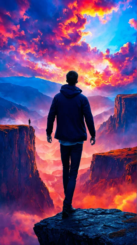 digital painting, high resolution, intricate details, vibrant colors, dynamic lighting, surreal sky, person standing on a cliff, high contrast, smooth shading, atmospheric, artistic, 8k resolution, layered textures, epic scenery, solo,