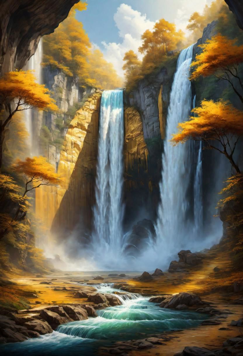 a landscape of a waterfall with gold water,
 masterpiece, highly detailed,
EdobHorrorLandscape,