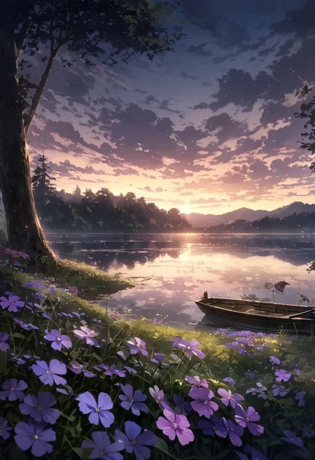 detailed background,( Calm spring night landscape), amongst lush greenery, beautiful view, creeping phlox in full bloom, creeping phlox, early morning, sunrise sky, beautiful clouds, dappled sunlight, outdoor seating, one lamp, Tranquil Lake, Boat on a Lake, depth of field, masterpiece, best quality, ultra-detailed, very aesthetic, illustration, perfect composition, intricate details, absurdres, moody lighting, wisps of light, no humans,