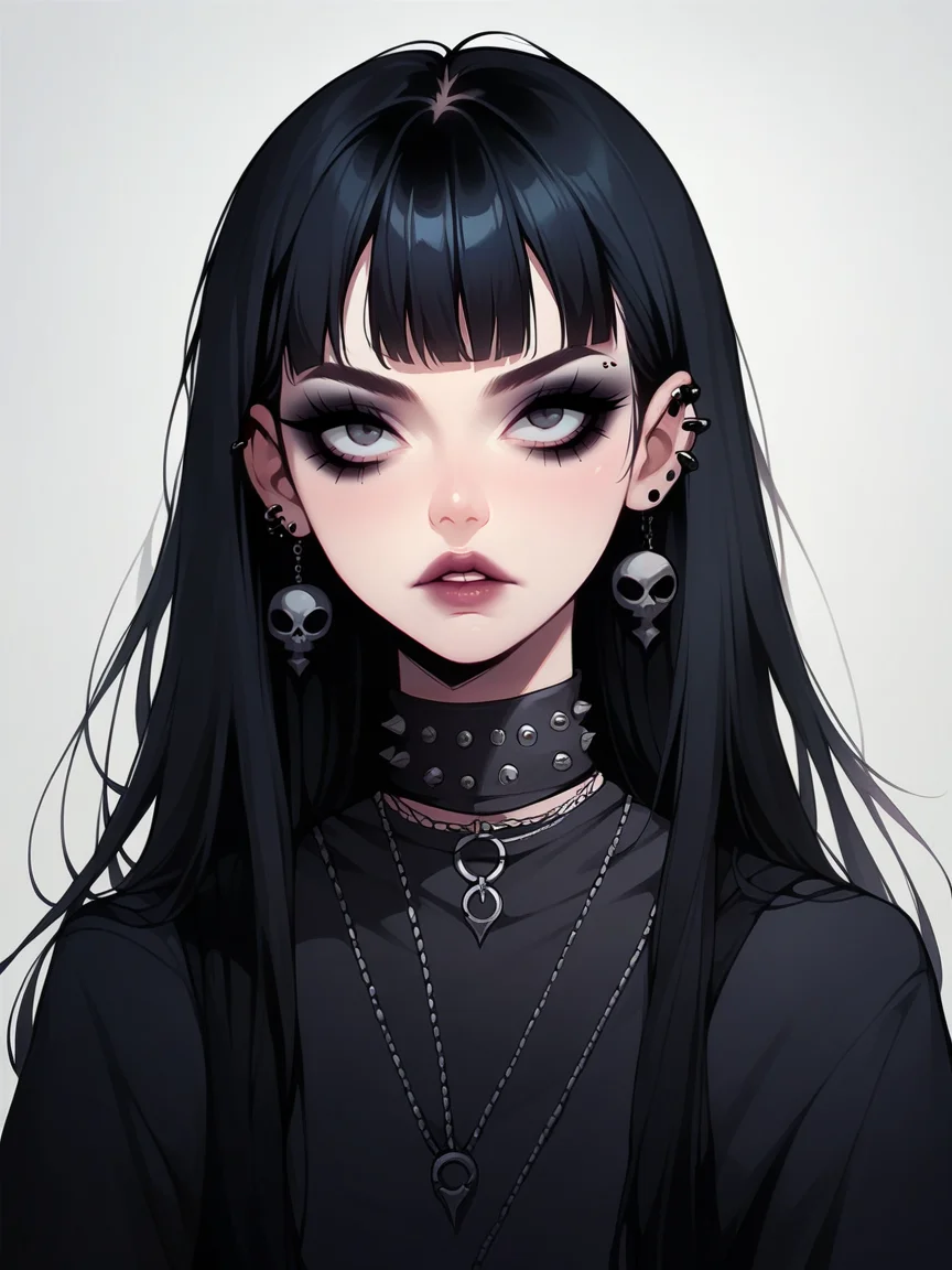 source_anime, score_9, score_8_up, score_7_up, score_6_up, score_5_up, <lora:egirlXLP:1> egirl, 1girl, solo, long hair, makeup, black hair, goth,