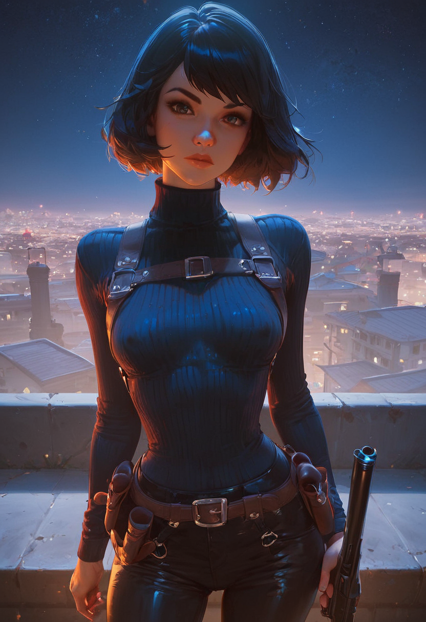 score_9, score_8_up, score_7_up, high detailed, high quality, masterpiece, no text, quality highlights, 8k detail, dynamic view, ultra-detailed, ... 1girl, woman, april o'neil, bob cut black hair, beautiful face, serious face, (black ribbed sweater:1.25), Holster harness, (black pants:1.15), thin waist, (covered nipples:0.5),   (holding a gun:1.2), looking at viewer,  (on roof, night time:1.15),  new-york,night city,  <lora:Breast_Slider_-_Pony_alpha1.0_rank4_noxattn_last:-1.1800000000000002> <lora:Dramatic_Lighting_Slider:2.0000000000000004> <lora:AIã¤ã©ã¹ããããã_(2):1.0000000000000002> <lora:Expressive_H-000001:1.0000000000000002>