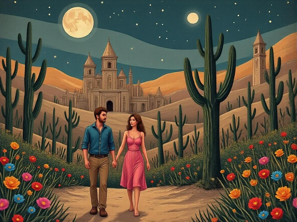 <lora:FolkCartoon.safetensors:1>
Sculptural Realism, hyper-realistic, intricately detailed:
In the heart of a surreal, moonlit desert, a hyper-realistic, sculpted cityscape rises from the sand. The buildings, carved from aged, weathered stone, cast deep shadows under the pale, crescent moon. The city's silhouette is a jagged, foreboding outline against the night sky, with the stars twinkling like distant, cold eyes. Amid the arid landscape, a colossal saguaro cactus stands guard, its surface etched with intricate, layered textures that seem to echo the city's ancient, forgotten history.
At the base of the cactus, a man and a woman, sculpted in dark, shadowy forms with glowing, fiery accents, walk hand-in-hand. Their features are finely detailed, with the man's short, straight brown hair and the woman's medium-length, flowing brown locks catching the moonlight. The man wears a blue shirt with rolled-up sleeves, revealing his strong forearms, and khaki pants that cling to his form. The woman is dressed in a sleeveless pink dress that clings to her body, the fabric seeming to emit a soft, warm glow. Their expressions are serene, yet there is an underlying sense of otherworldly tension, as if they are walking through a dream.
Surrounding them, the desert comes to life with a vibrant, surreal garden. Bushy, green cacti and palm branches form a chaotic, organic backdrop, their surfaces adorned with a floral pattern of pink, blue, yellow, and red flowers. The foliage glows with a mystical light, casting long, dramatic shadows that dance and twist in the night breeze. Above, the full moon hangs low, casting an eerie, silvery light that contrasts with the deep, dark void of the sky. The air is thick with the scent of night-blooming flowers, and a faint mist swirls around the couple, adding to the dreamlike, supernatural atmosphere.