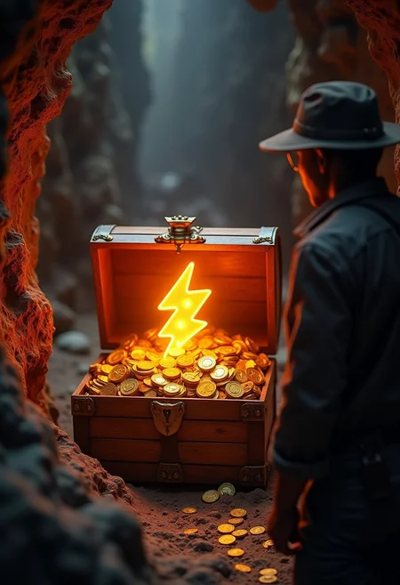 photo of a scene inside of a creepy cave, and old wooden treasure chest open, shows a radiant treasure that emits a dreamy glow, from behind of a treasure hunter and over his shoulder view, in the middle of the chest, among the golden coins, an orange lightning bolt emoji stands out with its radiance.