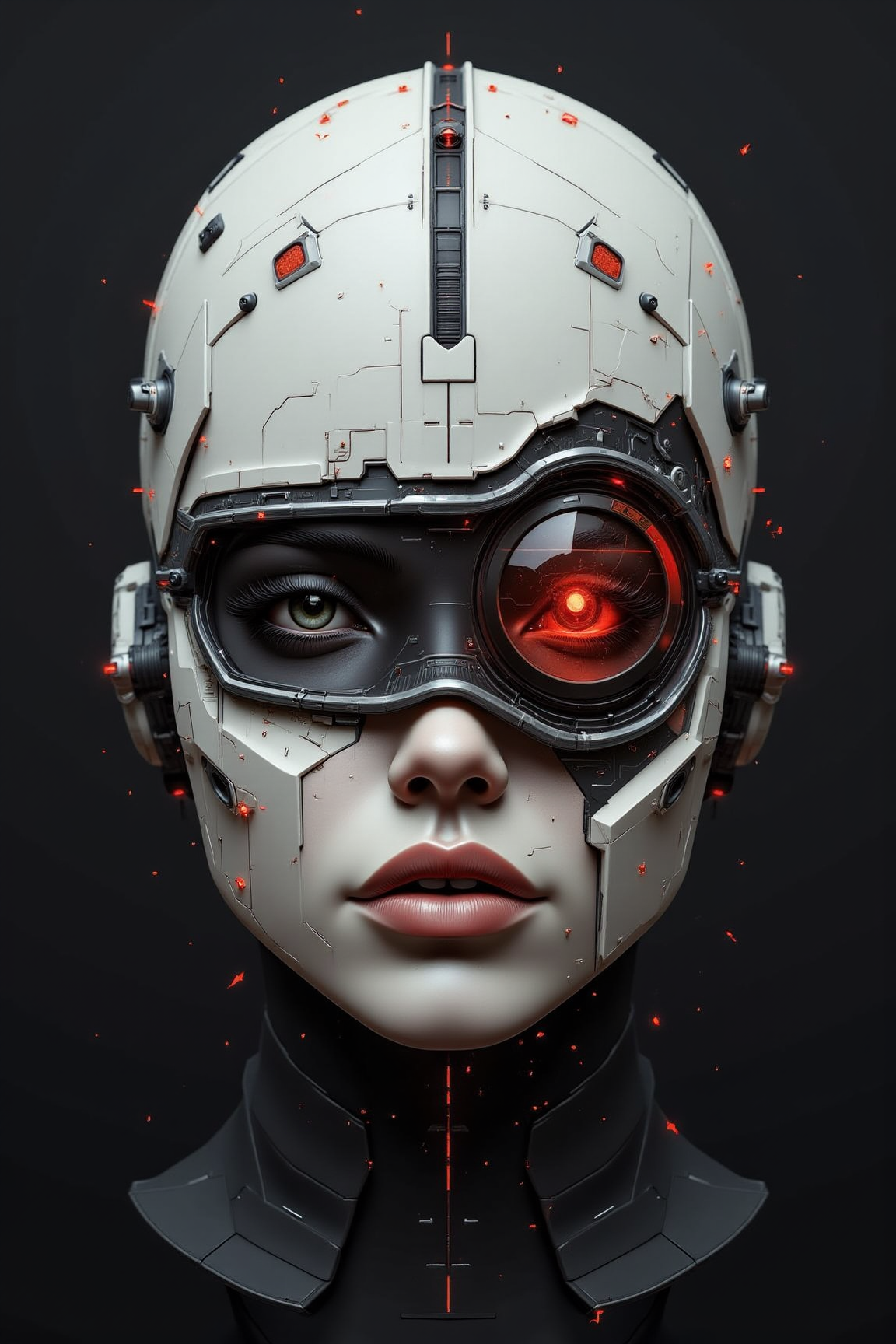 hidden bihind a , Futuristic femme in sleek visor, angular face fragments emerge from dark void, bold red accents punctuate stark whites and blacks on matte-black background; simplicity and negative space define striking, low-poly portrait of cyberpunk warrior.