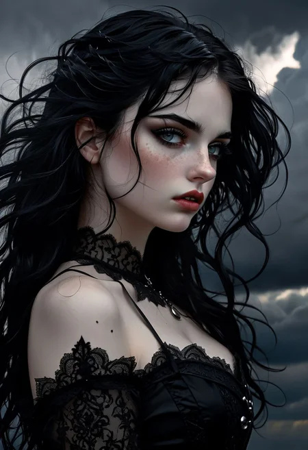 Upper body of a gothic girl, wearing black, dark dreams, black hair, alluring, seductive, storm clouds, whimsical charm, ethereal glow, freckles, tack sharp focus on eyes, one arm behind head Masterpiece, intricate lines, intriguing atmosphere, sharp magnificent details, delicate features, elaborate details, (2\3 rule composition:0.6)