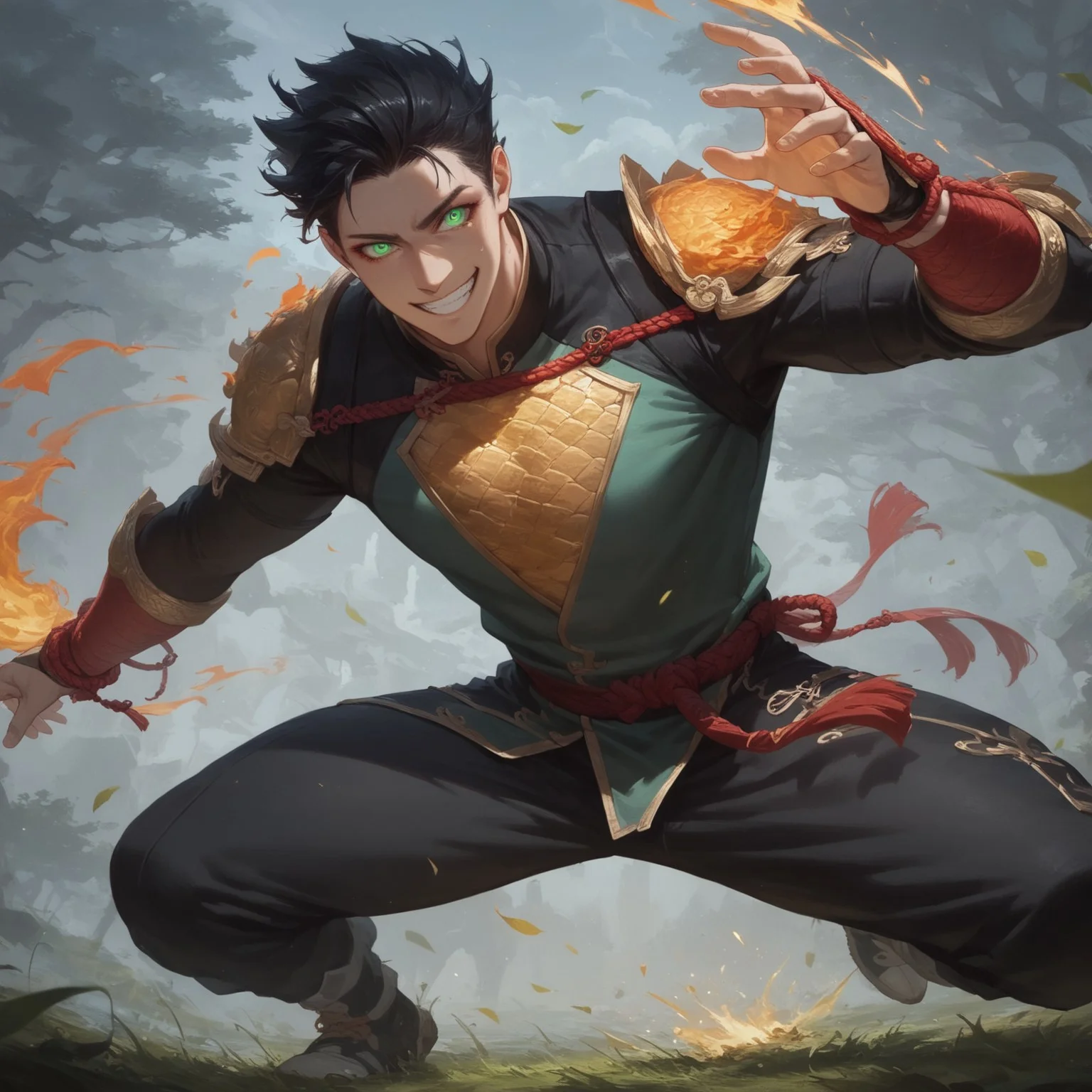 score_9, score_8_up, score_7_up, BREAK source_anime, source_cartoon, 1boy, happy, wide smile, ((expressive)), (((((chinese fighting pose)))), thin chin, solo, detailed face, detailed eyes, (Green eyes), white skin, black hair tied up, man with hair tied up, Chinese masculine hair ornament), very muscular man, muscular chest, broad shoulders, Chinese combat attire, green Chinese clothing, golden sleeves, (((golden scale pattern))), loose black pants, red rope belt
BREAK
(((green fire in hands))), (flaming gauntlets in hands), green flaming eyes),
outside, grass, trees, flying leafs