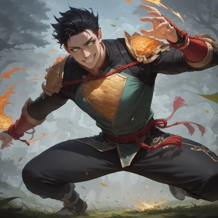 score_9, score_8_up, score_7_up, BREAK source_anime, source_cartoon, 1boy, happy, wide smile, ((expressive)), (((((chinese fighting pose)))), thin chin, solo, detailed face, detailed eyes, (Green eyes), white skin, black hair tied up, man with hair tied up, Chinese masculine hair ornament), very muscular man, muscular chest, broad shoulders, Chinese combat attire, green Chinese clothing, golden sleeves, (((golden scale pattern))), loose black pants, red rope belt 
BREAK
(((green fire in hands))), (flaming gauntlets in hands), green flaming eyes),
outside, grass, trees, flying leafs