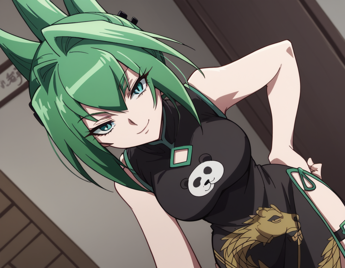 score_9, score_8_up, score_7_up, source_anime,
juntao, <lora:jun-tao-2021-s1-ponyxl-lora-nochekaiser:1>,
jun tao, green eyes, green hair, hair between eyes,
animal print, bear print, black dress, china dress, chinese clothes, dress, air, hip vent, panda print, side slit, sleeveless, sleeveless dress, thigh strap,
indoors, bent over, smile,
looking at viewer, cowboy shot, solo, dutch angle