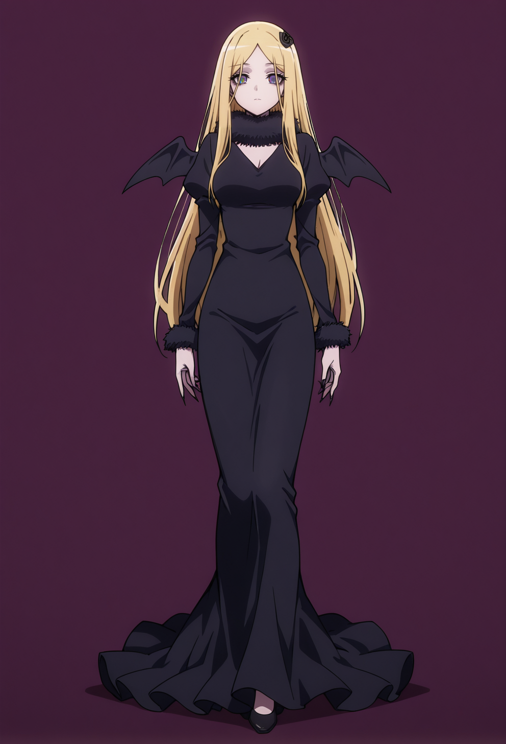 masterpiece, best quality,
1girl, solo, full body, 
standing,
looking at viewer, expressionless, 
simple background, violet background,
 <lora:Renner_Theiere_Chardelon_Ryle_Vaiself:1> r3nn3rBl4ck, blonde hair, grey eyes, long hair, hair ornament, parted bangs, wings, 
black dress, long sleeves, fur collar, fur trim, black rose, long fingernails, black nails,