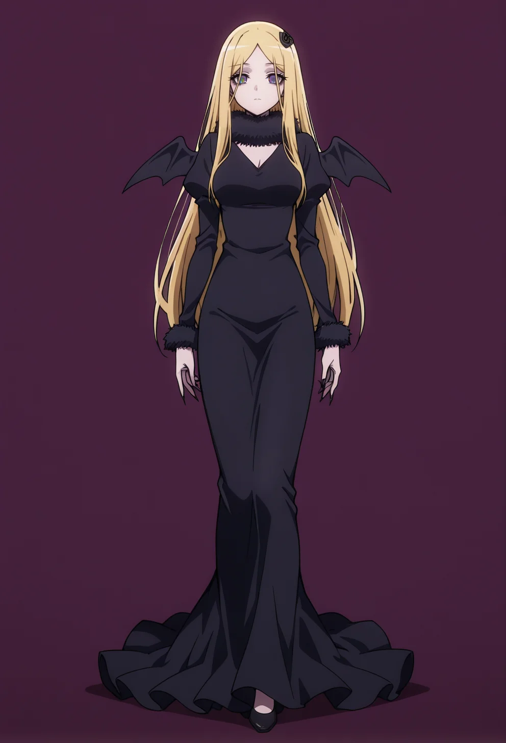 masterpiece, best quality,
1girl, solo, full body,
standing,
looking at viewer, expressionless,
simple background, violet background,
<lora:Renner_Theiere_Chardelon_Ryle_Vaiself:1> r3nn3rBl4ck, blonde hair, grey eyes, long hair, hair ornament, parted bangs, wings,
black dress, long sleeves, fur collar, fur trim, black rose, long fingernails, black nails,