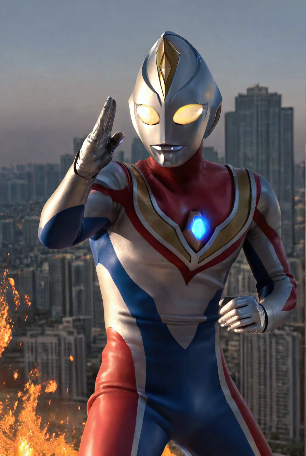 very awe,aesthetically pleasing,masterpiece,best quality,amazing quality,very aesthetic,ultra-detailed,high resolution,8k,1boy,solo,male focus,detailed face,tokusatsu,alien,bodysuit,glowing eyes,yellow eyes,multicolored bodysuit,dyn4 flash,fighting stance, fire,cityscape,<lora:Ultraman Dyna:0.8>,