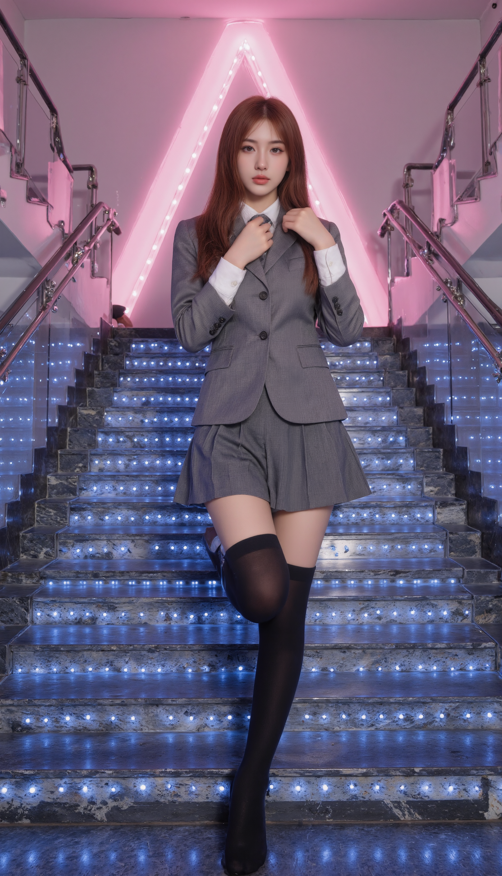 This is a high definition and detailed professional portrait photograph featuring a light woman with tanned complexion in a pose. She stands with one leg bent at the knee, one hand on her hip, and the other hand softly touching her neck. She is wearing SGWN25clothing, a formal gray school uniform with black stockings. She wears natural makeup. She has red straight hair styled with bangs.  The background is of a grand staircase with blue and white LED lights illuminating each step. The staircase should have sleek, reflective surfaces that catch the glow of the LEDs, adding to the overall brilliance. In the background, place a towering pink LED triangle arch, radiating a captivating and futuristic glow. The scene should feel modern, visually striking, and evoke a sense of grandeur and theatrical elegance.<lora:flux\fxyifu\SGWN25clothing_v1_000003000.safetensors:0.85:0.85> <lora:flux\fxchara\majicbeauty1.safetensors:0.73:0.73>