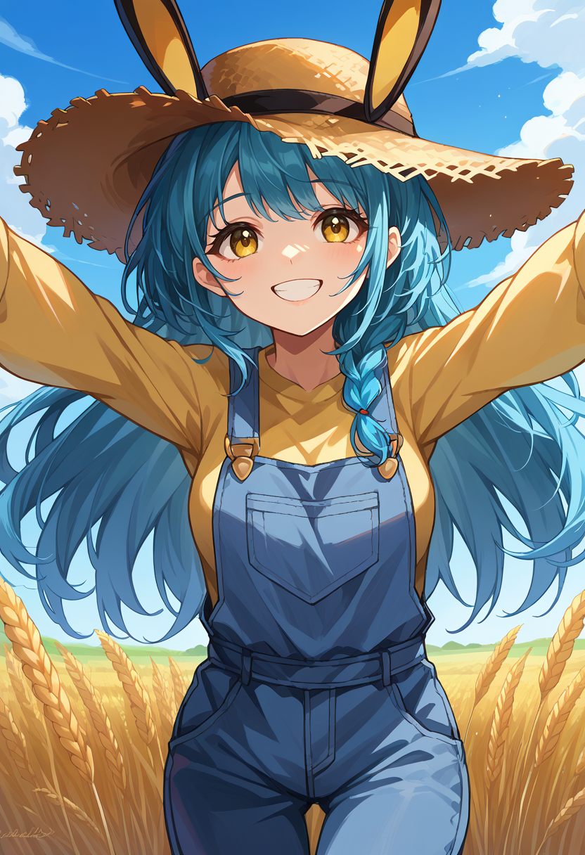 score_9, score_8_up, source_anime, 1girl, solo, BoiseFlwd, yellow eyes, blue hair, long hair, braid, fake animal ears, overalls, slight smile, straw hat, wheat field, looking at viewer, outstretched arms, happy, <lora:ChamBoisePonyXL:1>