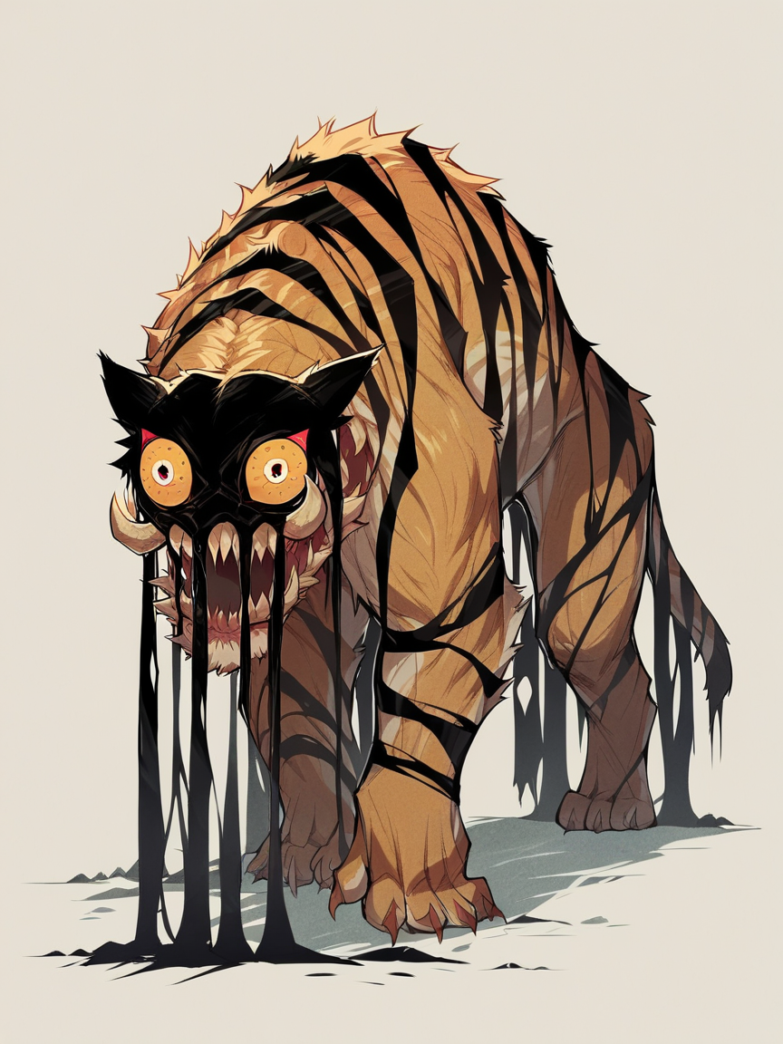 score_9, score_8_up, score_7_up, score_6_up, score_5_up,  <lora:dreamtigerXLP:1> dream tiger, no humans, solo, teeth, monster, horror (theme)