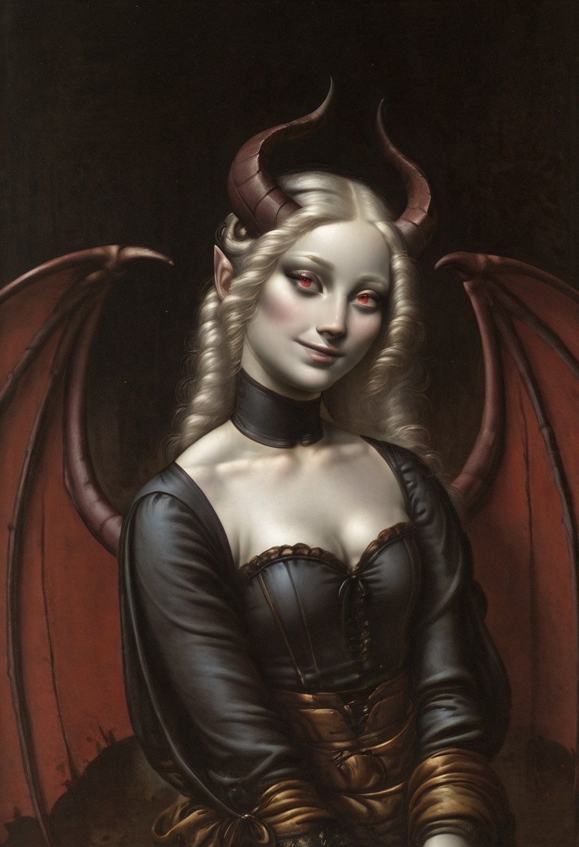 LeonardoDaVinciStyle-IL.V1.0, oil painting, fine art, classic art, masterpiece, best quality, 1girl, white skin, white colored skin, pale skin, albino, albino skin, horns, demon horns, demon girl, succubus, wings, bat wings, demon wings, goth, goth girl, goth makeup, runny makeup, smile, grin, closed mouth,