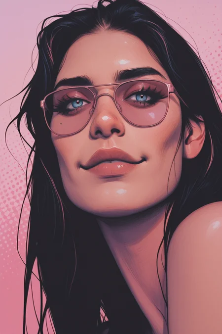masterpiece,best quality,amazing quality,very aesthetic,absurdres,newest,detailed eyes, realistic body, pastel Colors, golden hour, retro, realistic, romantic, low angle, dutch angle,
1girl, solo, face, pretty, blue eyes, subtle smiling, 24 yo, seductive, portrait, looking at viewer, blue and pink colors, strikingly beautiful,
face focus, upper body view, dynamic angle, sunglasses, black hair, eyeliner, mascara, dark eye makeup,  halftone background, geometric patter background,
romantic undertones, <lora:MoriiMee_Gothic_Niji_Style_Illustrious_r1:0.3> <lora:OmniReal:0.5> <lora:Laaura_style:0.5> <lora:GTHAN-IL:0.5>