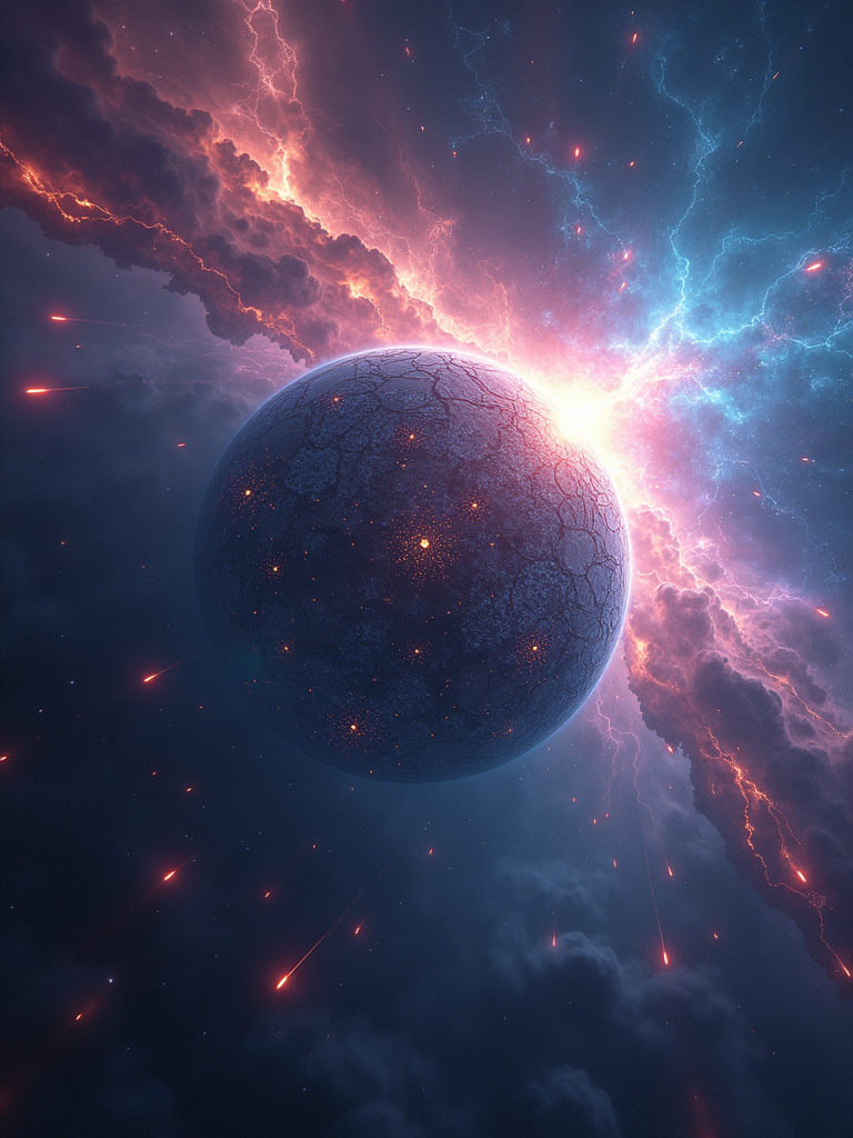 In the vast universe, a huge crystal planet emits mysterious light. The surface of the planet is covered with exquisite patterns, like ancient magic runes. Around it, countless colorful comets are streaking across with long tails. In the distance, an interstellar storm is brewing, with gorgeous energy lights flashing.