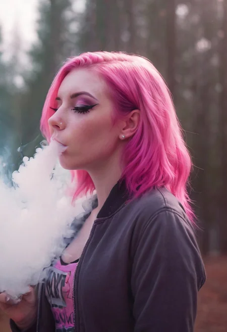 <lora:VapeXL-08:1.0> VapeXL, Girl blowing smoke, pink hair, eyeliner, pale skin , photorealistic, outdoors, depth of field, lens flare